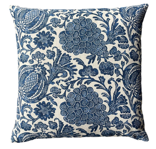 Indigo Blue and Beige Batik Pillow Cover / Grapes and Pomegranates Euro Sham Pillow Cover - Annabel Bleu