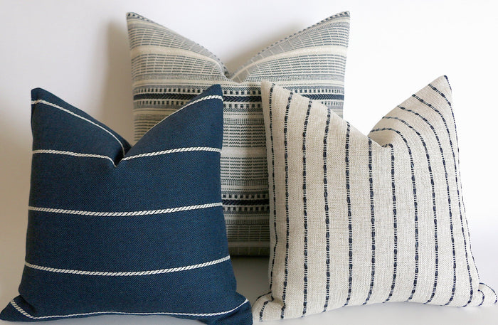Indigo Farmhouse Collection: Navy Pillow Cover / Vintage Style Pillow Cover / Striped Performance Pillow Cover - Annabel Bleu