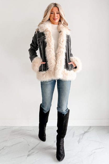 Daring Daily Faux Fur Trim Denim Coat (Black/Beige)