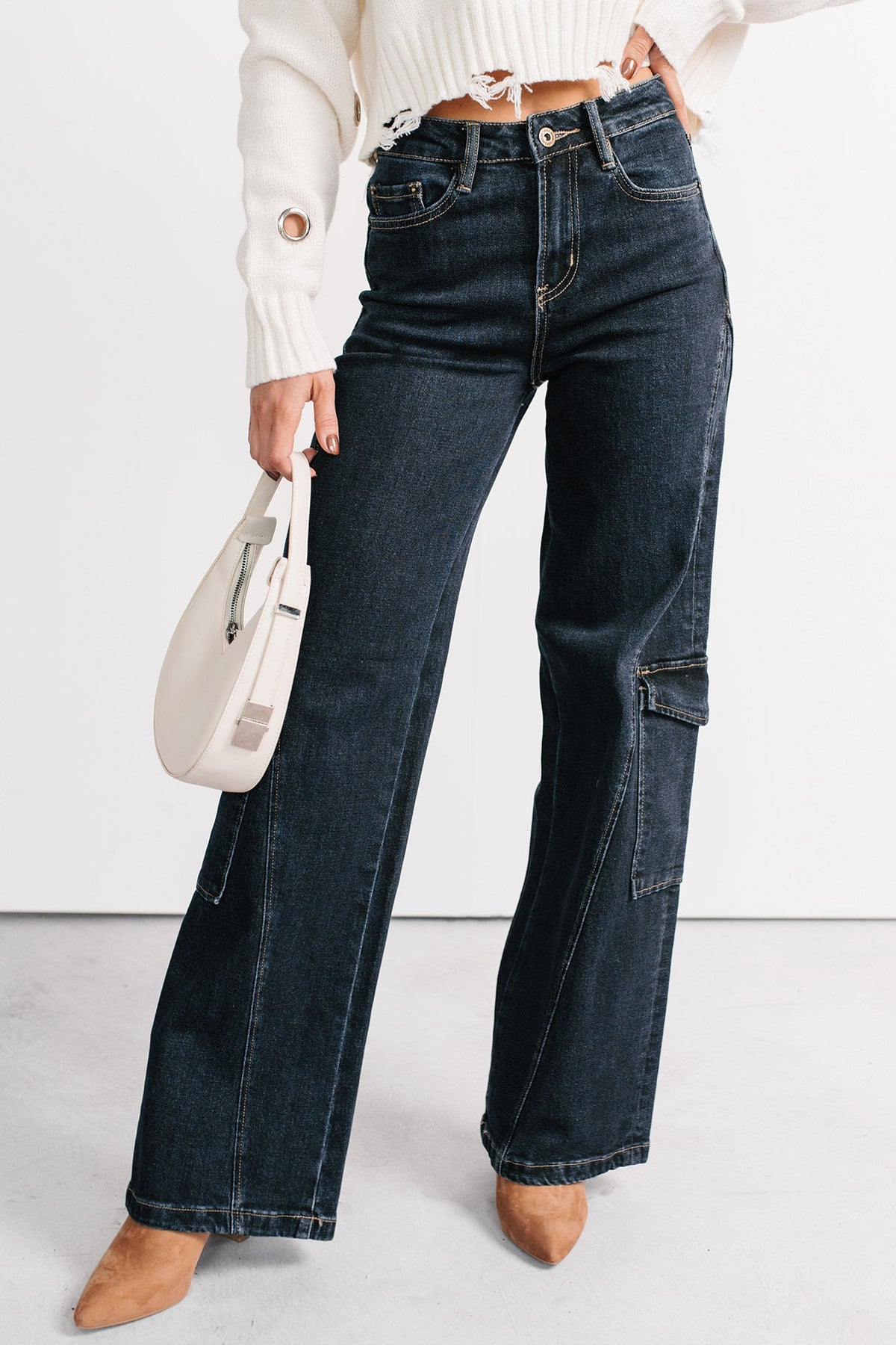 Crosby Wide Leg Mica Denim Cargo Jeans (Dark Wash)