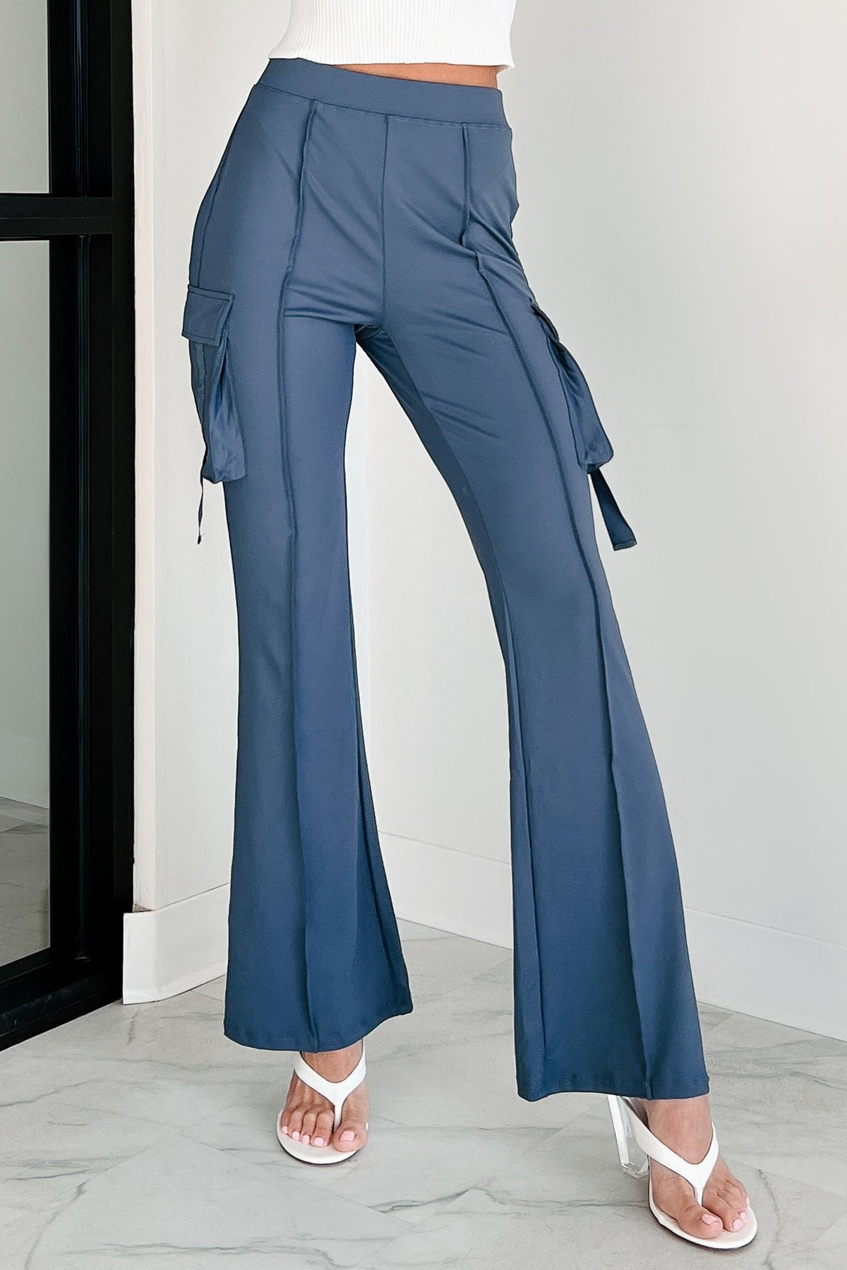Easy Does It High Rise Cargo Bootcut Leggings (Blue)