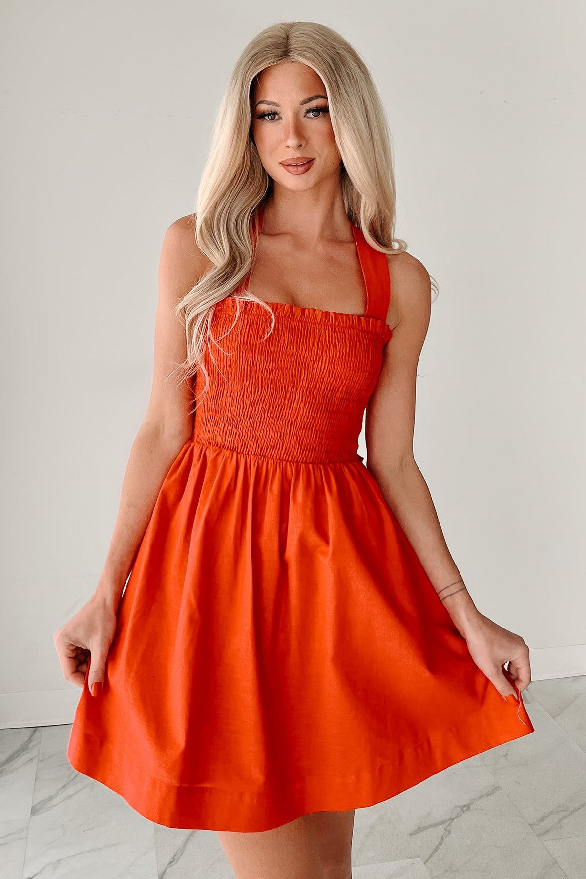 Across The Room Smocked Mini Tie Dress (Tomato)