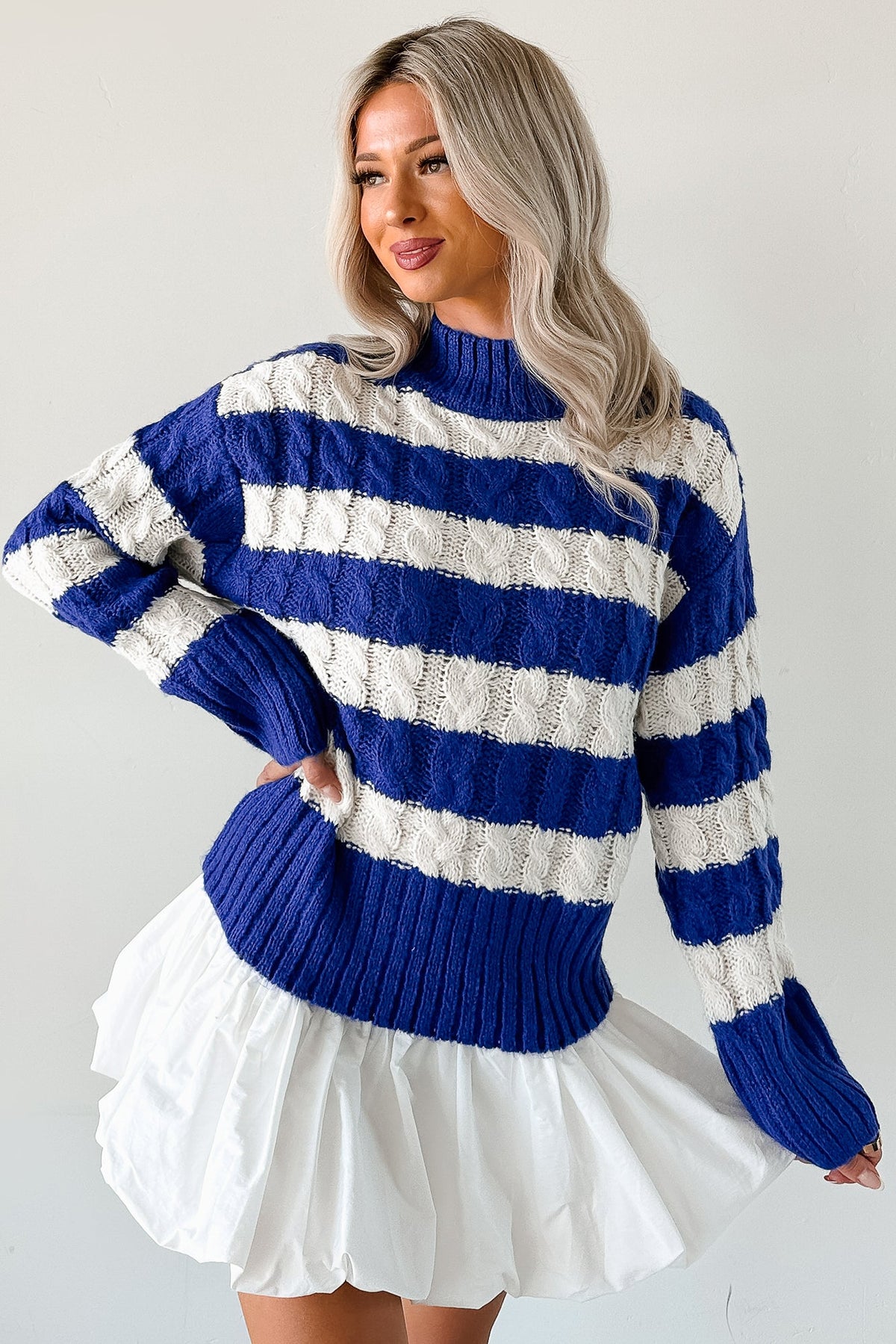 Restful Rhythm Cable Knit Striped Sweater (Royal)
