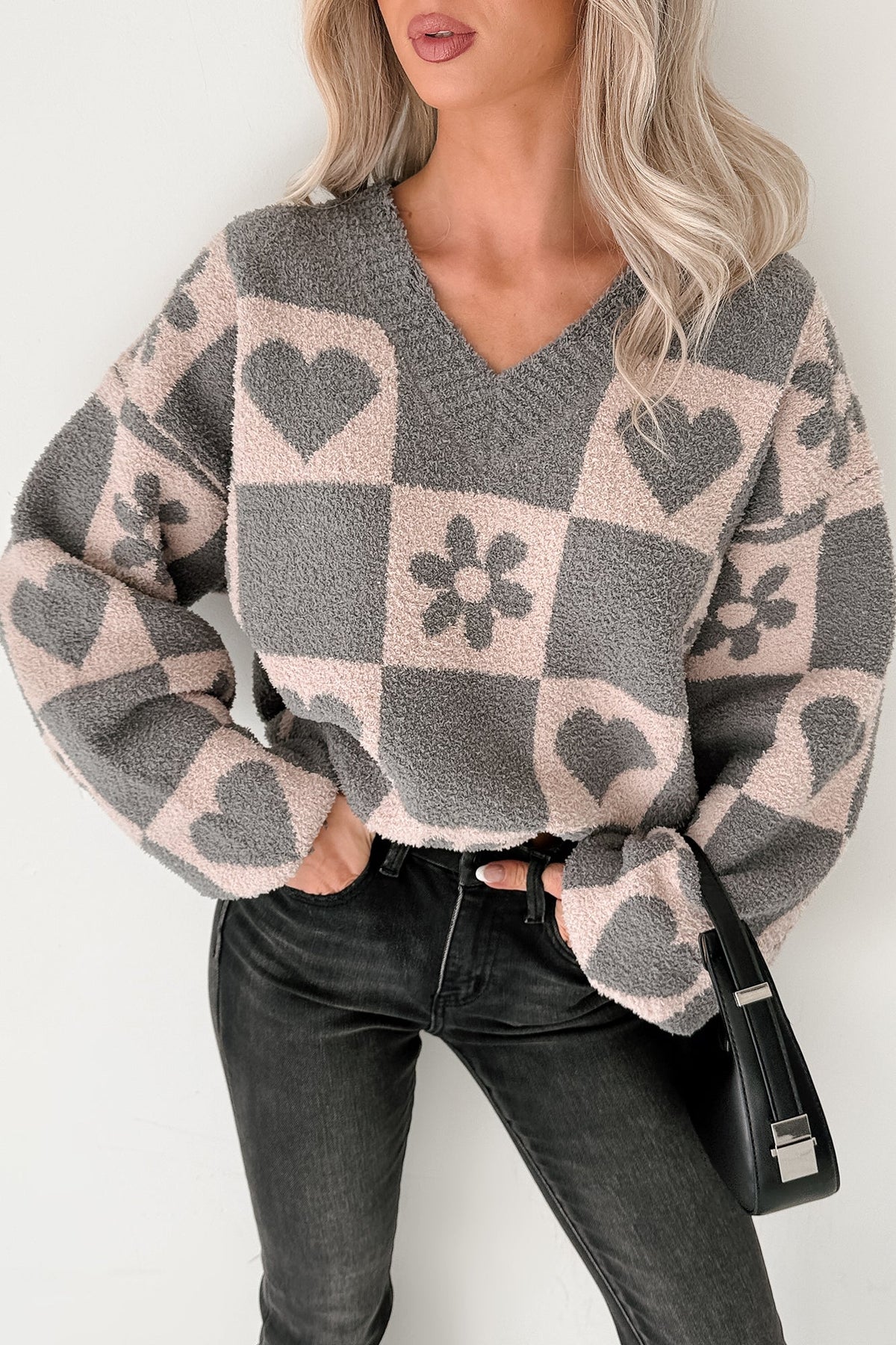 Dream Core Floral Checkered POL Sweater (Grey/Beige)