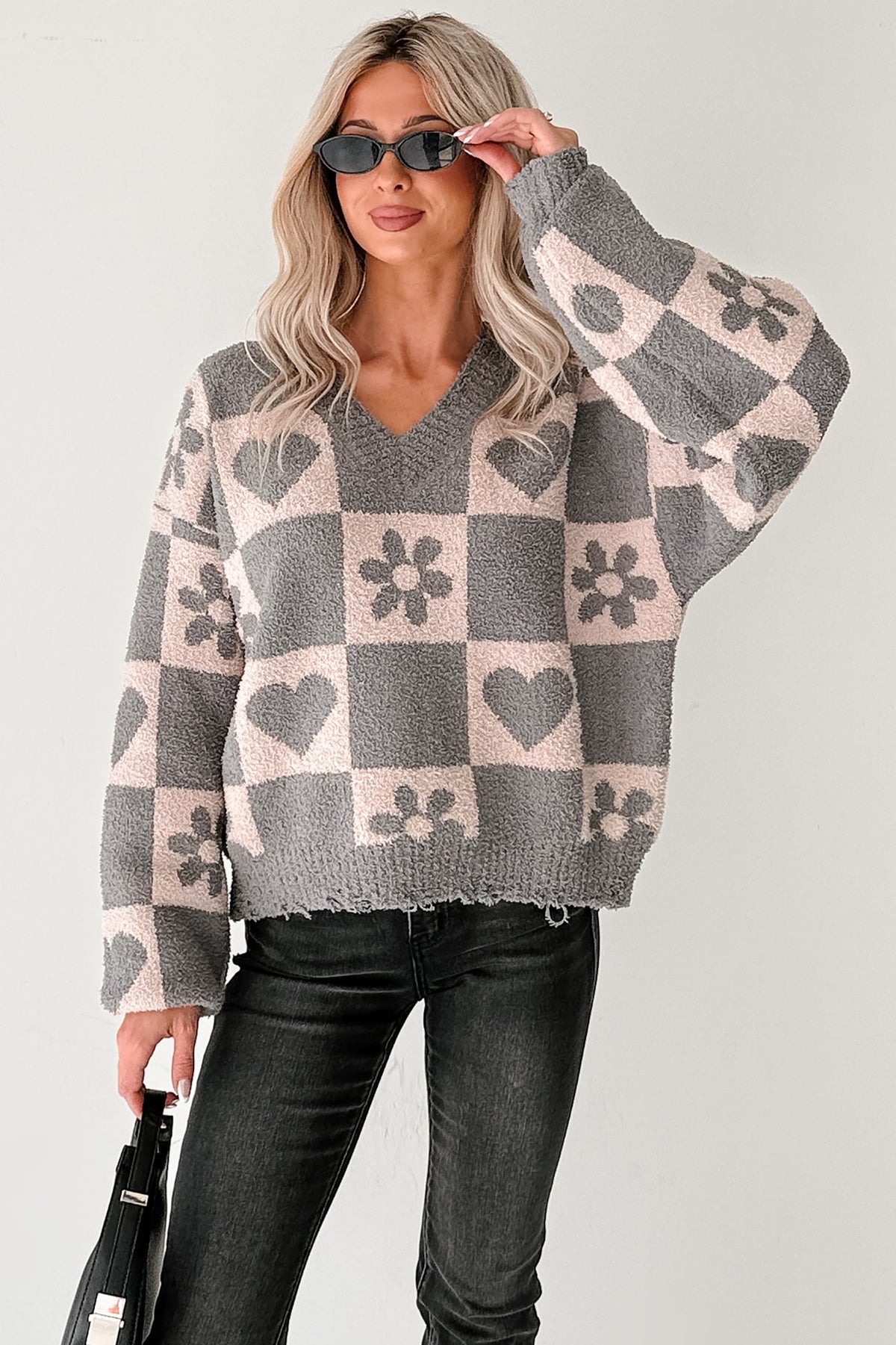 Dream Core Floral Checkered POL Sweater (Grey/Beige)