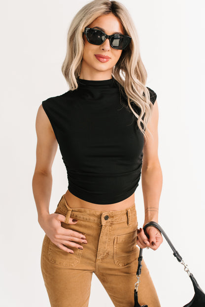One More Kiss Cap Sleeve Mock Neck Crop Top (Black)