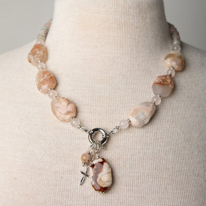 Jennifer’s Flower Agate and Lepidolite Cross Necklace