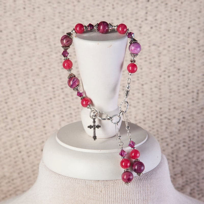 Jennifer’s Fuscia Agate and Jade Cross Bracelet and Earring Set