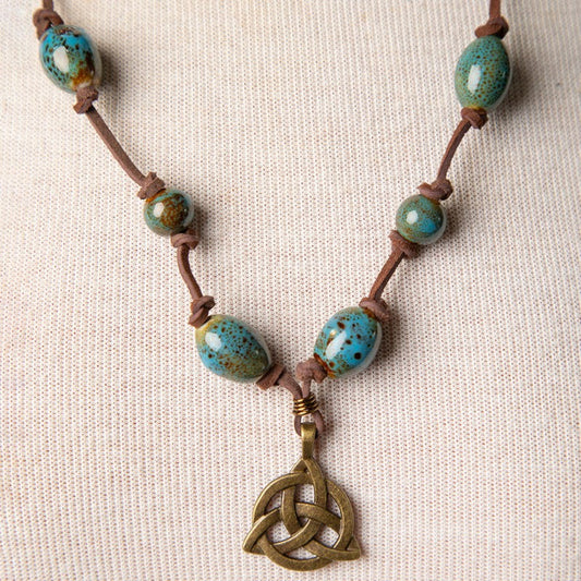 Jennifer's Unisex Leather and Ceramic Trinity Knot Necklace
