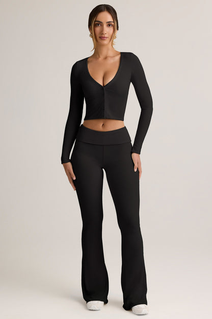 Modal Ribbed Foldover Flared Trousers in Black