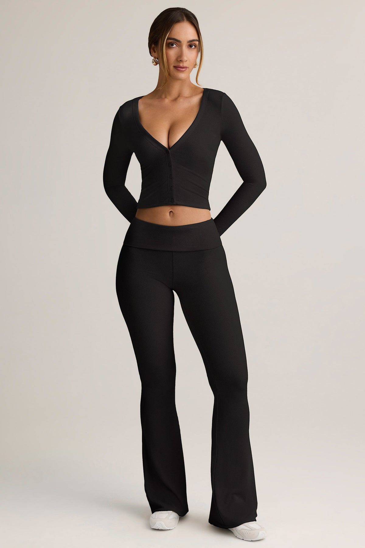 Modal Ribbed Foldover Flared Trousers in Black