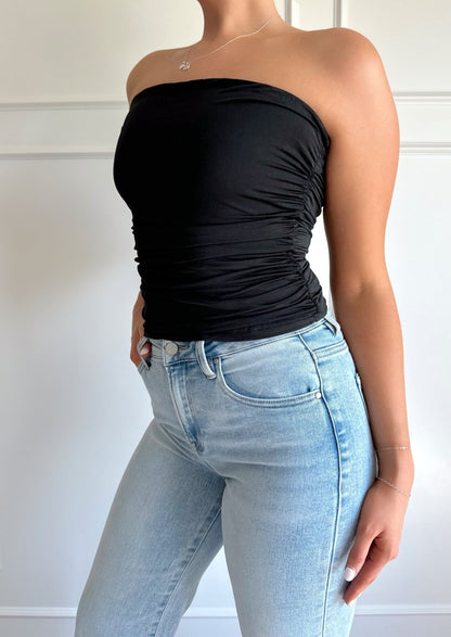Krista Black Ruched Strapless Tube Top