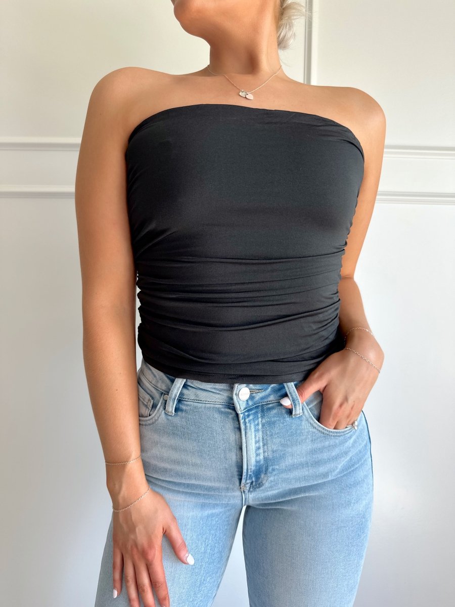 Krista Black Ruched Strapless Tube Top
