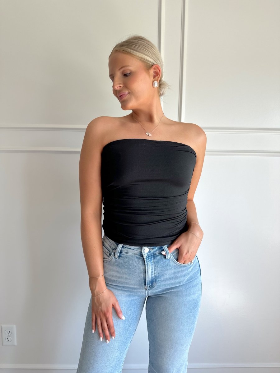 Krista Black Ruched Strapless Tube Top