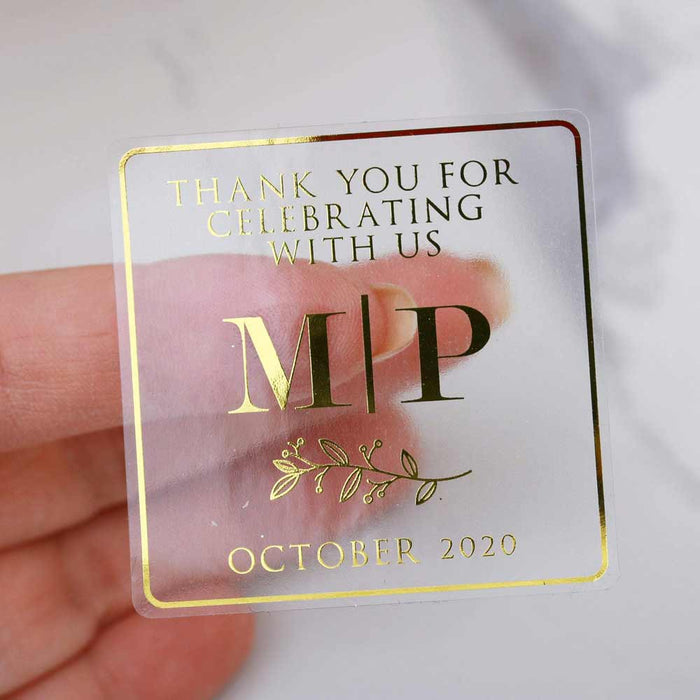 Leaf Ornament & Initials Clear Wedding Sticker - XOXOKristen