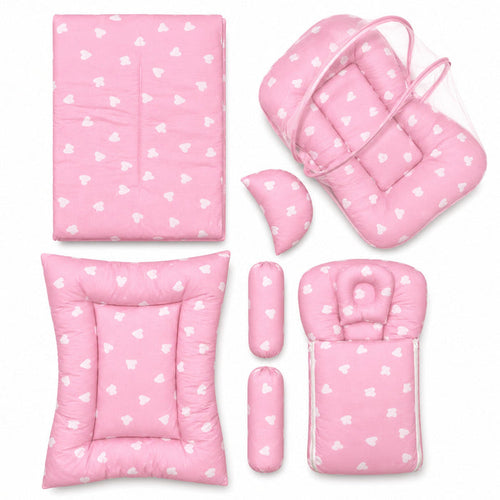 Newborn Cotton Bedding Set - 8 Pieces - Pink - Hearts