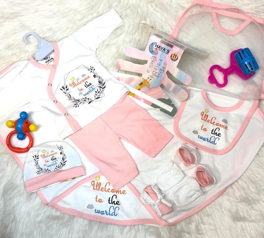 Newborn Starter Set - Cotton Interlock - 11 Pieces - Welcome - Pink