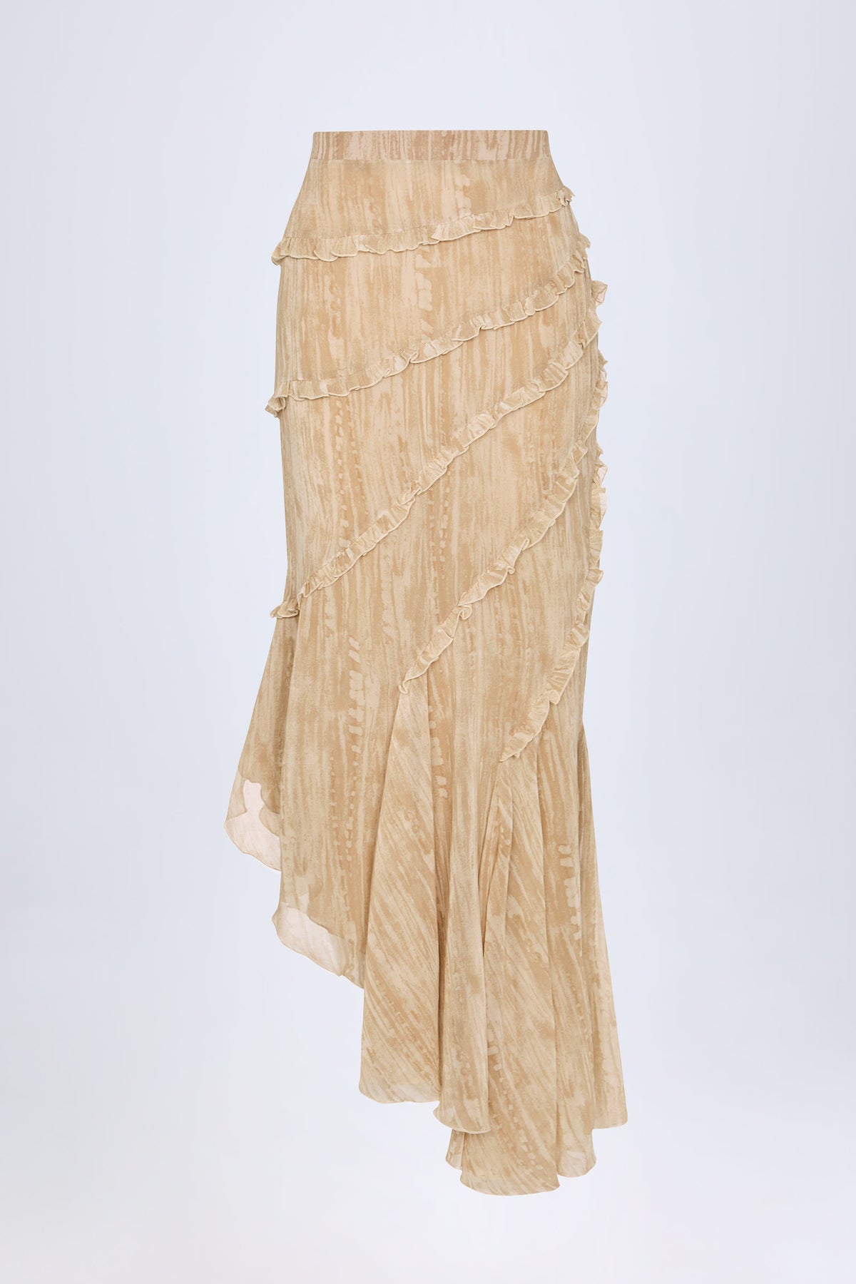 Ruffled Asymmetric Mid-Rise Maxi Skirt in Tan Print