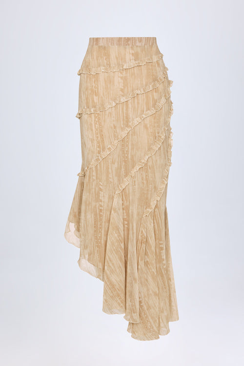 Ruffled Asymmetric Mid-Rise Maxi Skirt in Tan Print