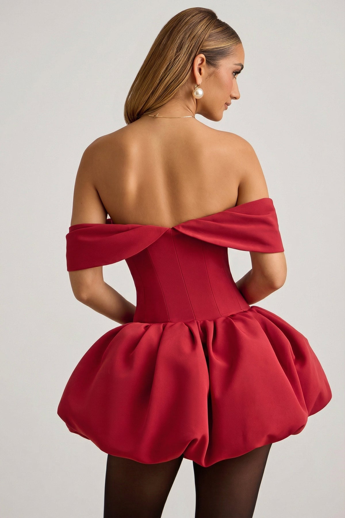 Off-Shoulder Layered Bubble Hem Corset Mini Dress in True Red