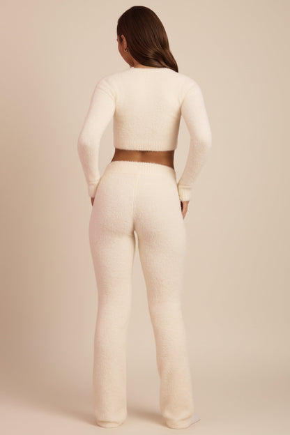 Fluffy Knit Wide-Leg Trousers in Ivory