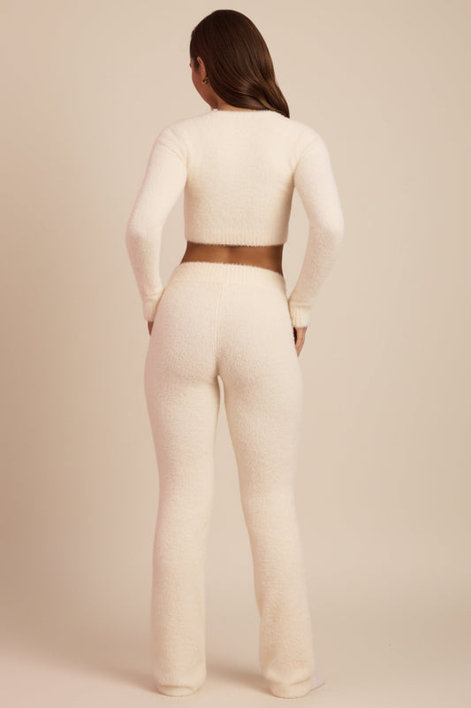 Fluffy Knit Wide-Leg Trousers in Ivory
