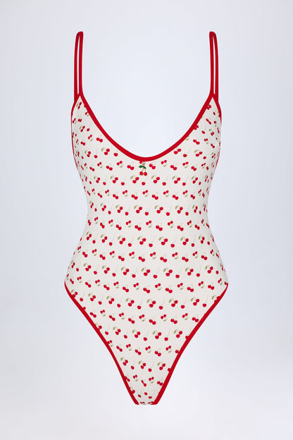 Charm-Detail Cross-Back Swimsuit in Cherry Print