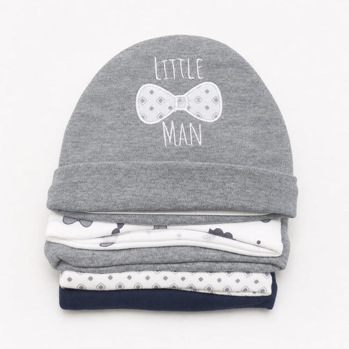 Pack of 5 Caps - Grey - Bow Man (0-9 Months)
