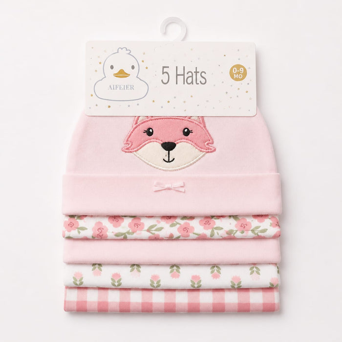 Pack of 5 Caps - Pink - Cat (0-9 Months)