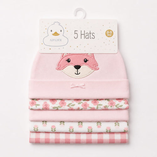 Pack of 5 Caps - Pink - Cat (0-9 Months)