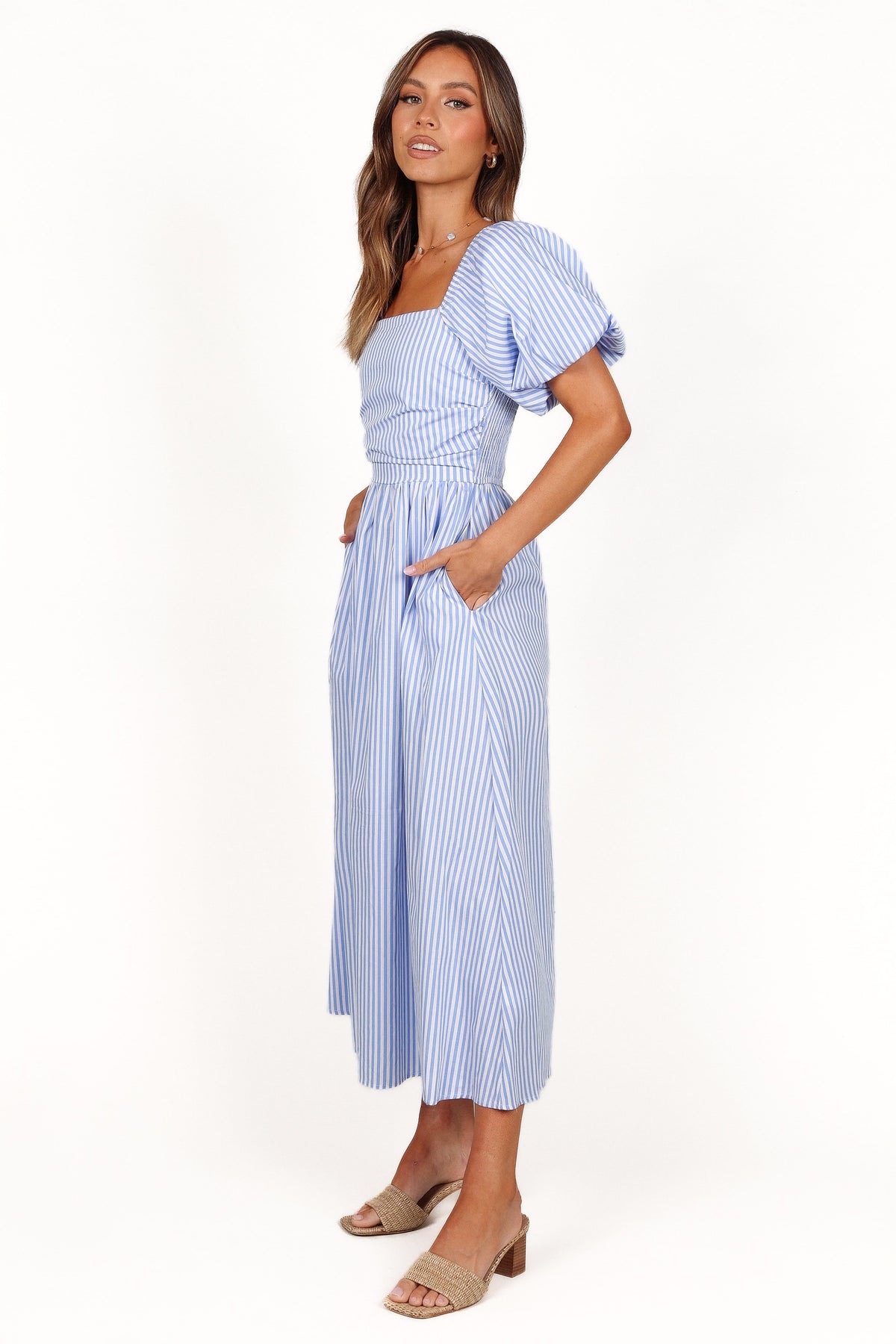 Clo Puff Sleeve Midi Dress - Blue Stripe