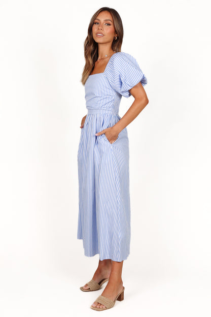 Clo Puff Sleeve Midi Dress - Blue Stripe