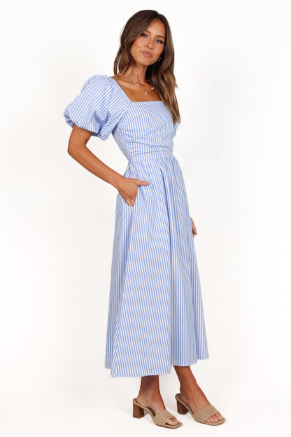 Clo Puff Sleeve Midi Dress - Blue Stripe