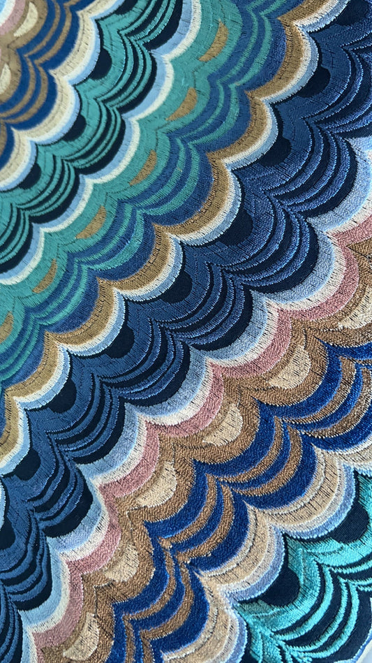 Sale: Osborne & Little Embroidered Blue Scallops Lumbar Pillow Cover, 12x21 - Annabel Bleu