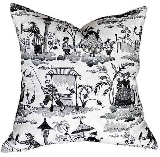 Schumacher Bassano: 22x22” Black and Ivory Chinoiserie Pillow Cover - Annabel Bleu