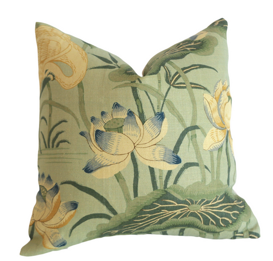 Schumacher Lotus Garden Pillow Cover / Olive, Brown, Beige & Blue - Annabel Bleu
