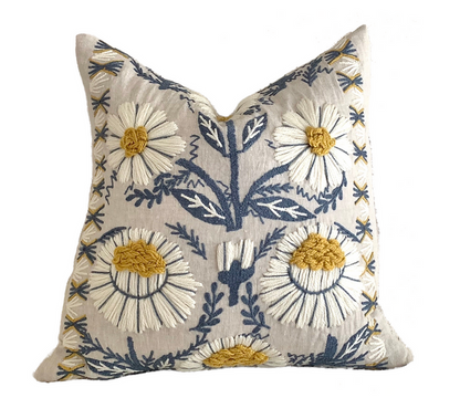 Schumacher Swedish Wool Embroidered Pillow Cover in Blue, Ochre, & Natural - Annabel Bleu