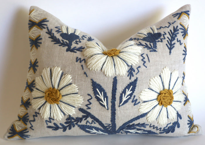 Schumacher Swedish Wool Embroidered Pillow Cover in Blue, Ochre, & Natural - Annabel Bleu