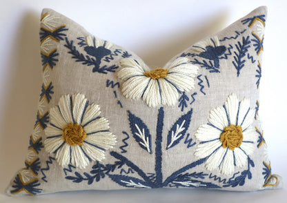 Schumacher Swedish Wool Embroidered Pillow Cover in Blue, Ochre, & Natural - Annabel Bleu