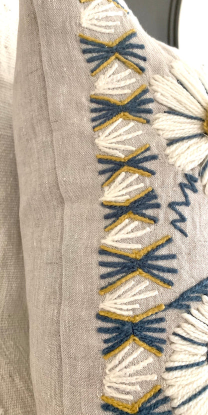 Schumacher Swedish Wool Embroidered Pillow Cover in Blue, Ochre, & Natural - Annabel Bleu