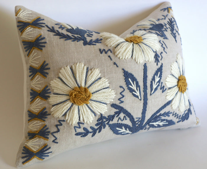 Schumacher Swedish Wool Embroidered Pillow Cover in Blue, Ochre, & Natural - Annabel Bleu