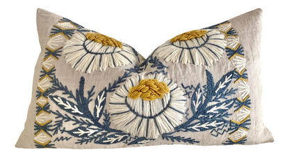 Schumacher Swedish Wool Embroidered Pillow Cover in Blue, Ochre, & Natural - Annabel Bleu