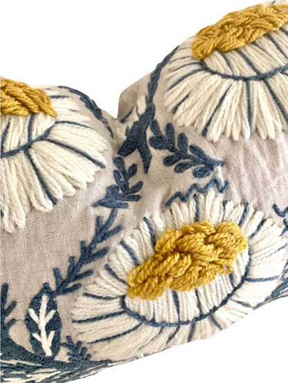 Schumacher Swedish Wool Embroidered Pillow Cover in Blue, Ochre, & Natural - Annabel Bleu