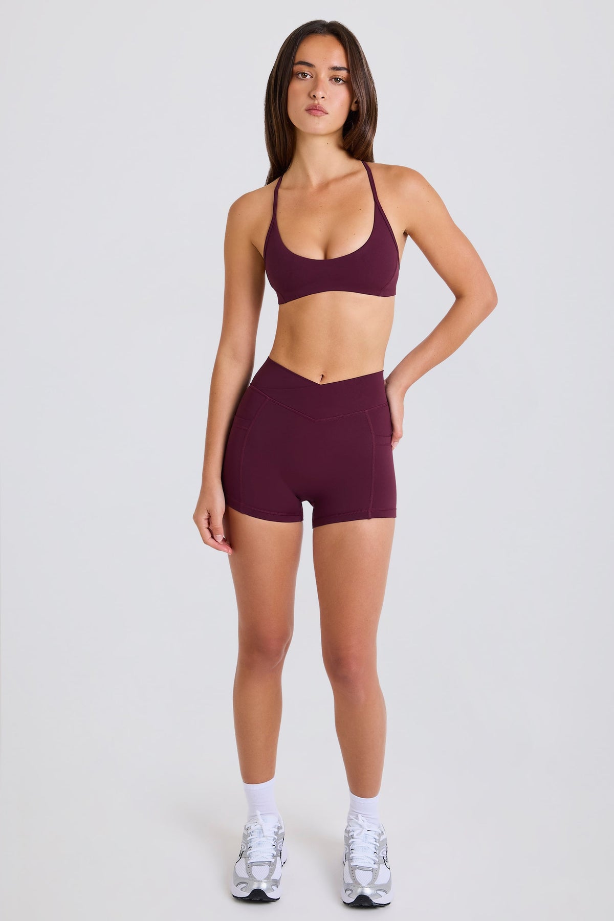 Soft Active V-Waist Pocket Mini Shorts in Burgundy