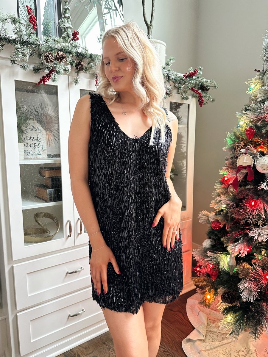 Tia Black Tassel Shift Mini Dress