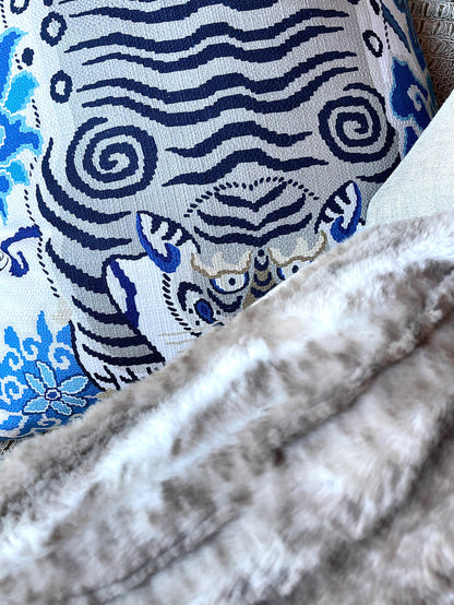 Tiger Floral Pillow Cover in Blue & Grey / Chinoiserie Pillows / Available in 8 Sizes - Annabel Bleu