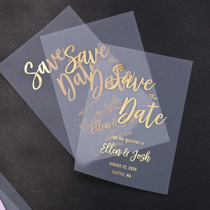 XOXOKristen translucent vellum Save the Date card printed in metallic gold foil, standing upright against soft background with dried floral decor and natural light – XOXOKristen.