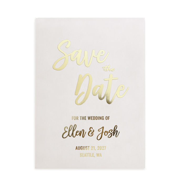 XOXOKristen translucent vellum Save the Date card with gold foil text, featuring modern script font and minimalist layout for timeless wedding stationery – XOXOKristen.
