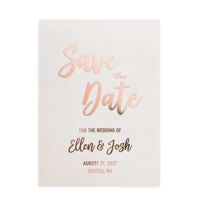 XOXOKristen personalized Save the Date card on translucent vellum featuring rose gold foil lettering, elegant cursive typography, and minimalist design – XOXOKristen.