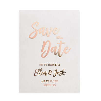 XOXOKristen personalized Save the Date card on translucent vellum featuring rose gold foil lettering, elegant cursive typography, and minimalist design – XOXOKristen.